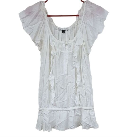 Express Frilly Solid White XS Ruffle Sleeve Peplum Top Ruffle Front Keyhole - Picture 2 of 9